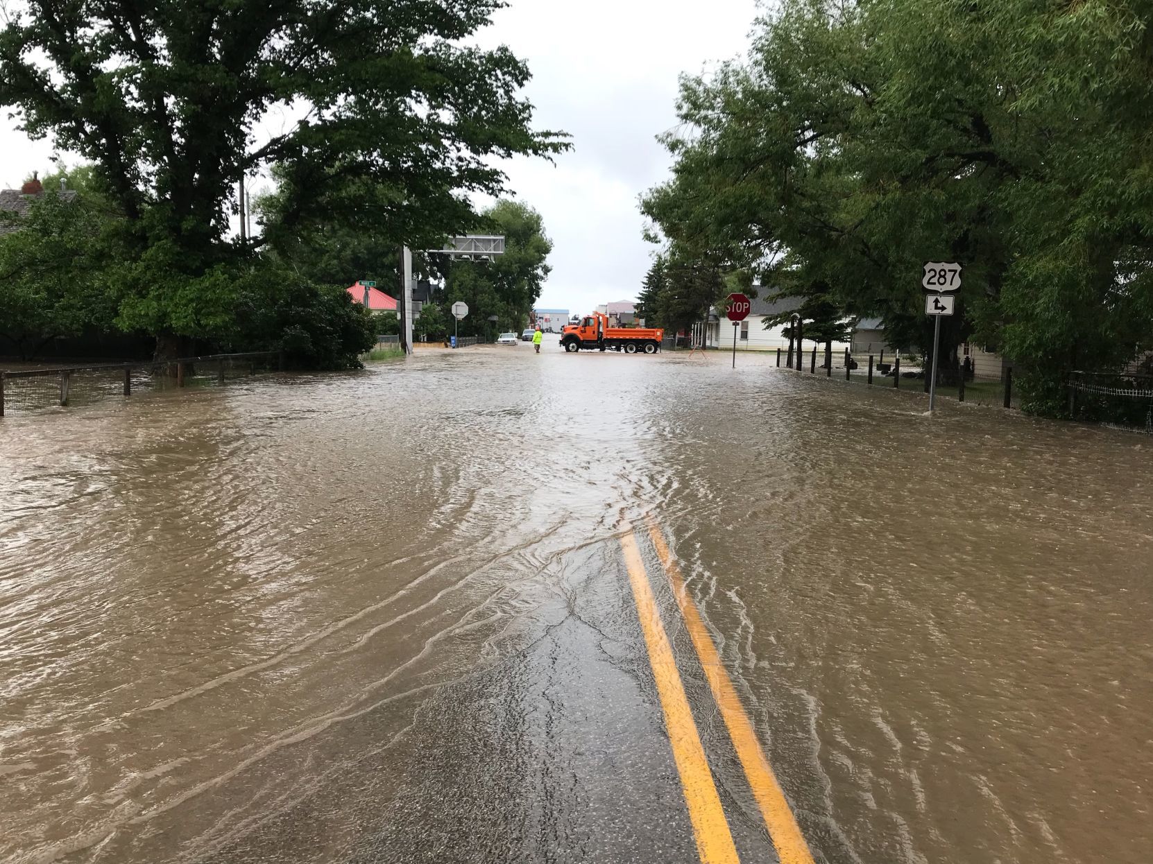 A road is covered with floodwaters near Augusta